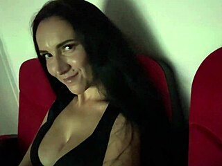 Risky blowjob and fuck in the cinema on our first date with boots and close-up cum orgasm