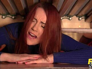 Redhead and brunette babes stuck under bed in dorm get wet pussies pumped before threesome