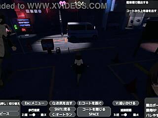 Sereka-san's daring public self-exposure in a naked coat in the outdoor setting of an anime game