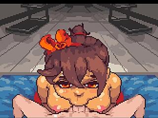 Muscular babe dominates in femdom hentai game after workout