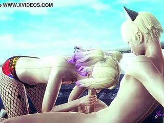 Harley Quinn femboy skills in yaoi threesome action