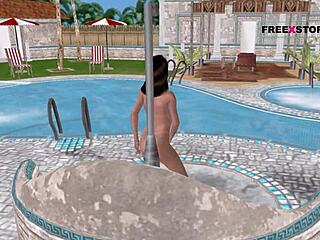 3D cartoon babe poses sexy by pool in steamy shower