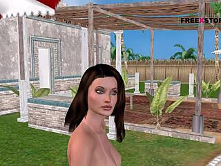 3D cartoon babe poses sexy by pool in steamy shower