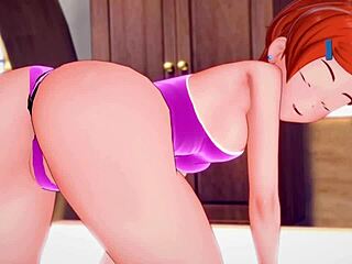 gwen adulta en traje de baño juega con gran polla en 3d