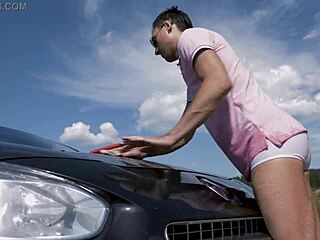 let's wash the car naked and jerk off with huge cumshot outdoors