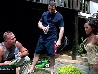 stunning oriental brunette doubles down in garden