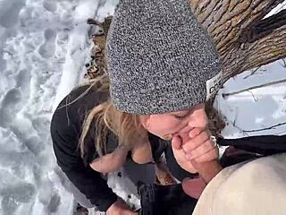 Winter outdoor sex in the park with big natural tits and natural boobs