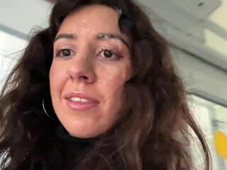 Cum in mouth during a public train handjob adventure