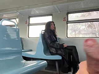 Cum in mouth during a public train handjob adventure