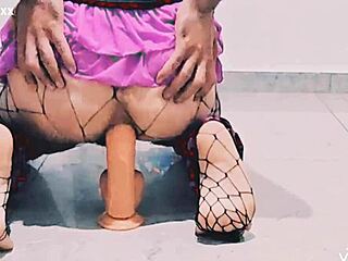 Sissy plays with anal dildo for intense backdoor stretching in wild session.