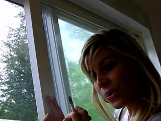 Blonde teen smokes cigarette while teasing in hot panties and heels solo