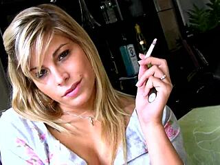 Blonde teen smokes cigarette while teasing in hot panties and heels solo