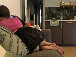 I brought my skinny petite girlfriend for this casting, showing her shaved pussy without panties or bra.