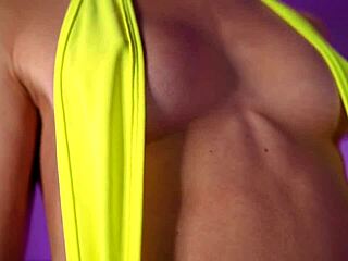 The model tries on ultra daring see through microbikini