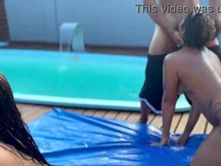 Wild blowjob party at the pool