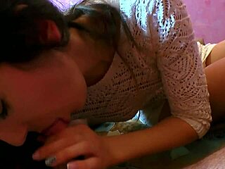 Brunette teen boldly sucks step-daddy's shaft for the first time in steamy homemade clip