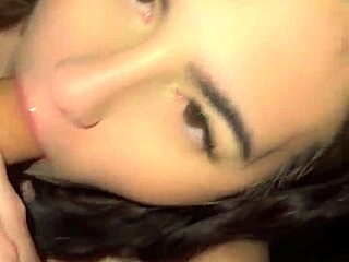 Brunette teen gives sloppy blowjob before work