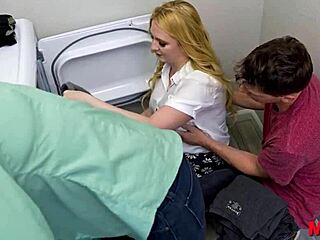 Beautiful woman gets her ass fucked by step son and his friend in the laundry room