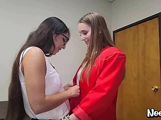 three colleagues share a casual office moment with laney grey and madison wilde