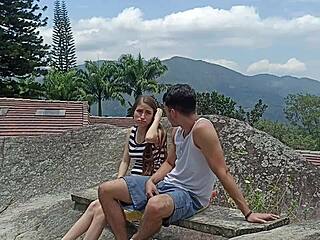 in our parents' backyard, my stepbrother and i are alone on the bench