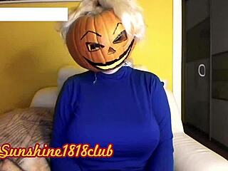 Angela’s big boobs are revealed in a spooky Halloween costume