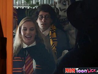 On Halloween, mature MILF and teen 18+ engage in lesbian sex with toys and vibrator after trick or treat