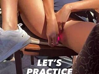 risky outdoor flashing with young brunette