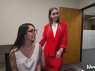 three colleagues share a casual office moment with laney grey and madison wilde