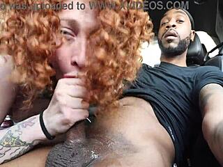 White Girl Gives Blowjob to Big Black Cock in Public Car