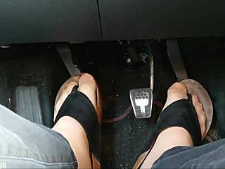 Close Up Of Chubby Nylon Feet With Toe Separators In Car