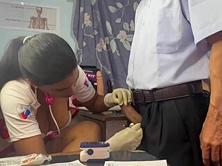 Ehi, guarda come estrae sperma in un threesome selvaggio col dottore!