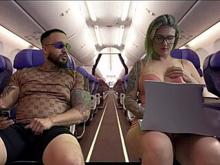mulher masturbates on plane with big tits and pussy while i cum watching