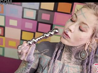 Anal queen Anuskatzz in corset plays with metal toy. She gets her ass fucked by big dick and squirts hard!