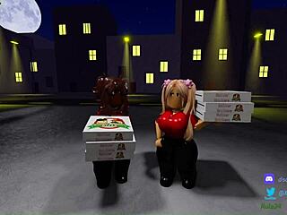 two pizza workers serve customer