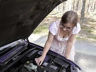 Bavarian nerd teen TinyEmily gets roughly fucked by stranger in car.