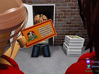 two pizza workers serve customer