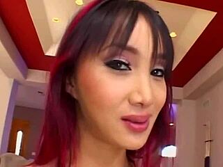 Purple haired asian cutiepie screams in deepthroat threesome and double penetration!