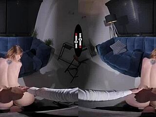 In the dark room VR the redhead gets punished with blowjobs and handjobs on her shaved pussy.