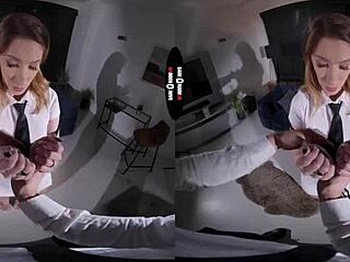 In the dark room VR the redhead gets punished with blowjobs and handjobs on her shaved pussy.