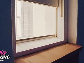 You watch your curvy british neighbour in the shower with big natural tits and long hair