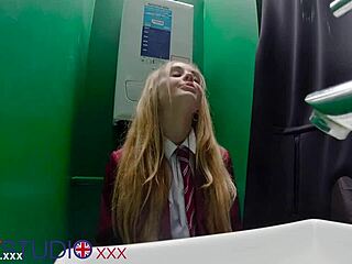 gloryhole teen student sucks cock for liquid lunch with deepthroat and swallow in nylon costume...