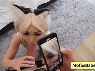 Asian teen Lulu Chu sucks Scott Nails' huge white cock while being filmed for fun.