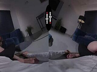 In the dark room VR the redhead gets punished with blowjobs and handjobs on her shaved pussy.