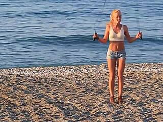 Softly bouncing breasts of lady in bra without nudity. Non-nude softcore scene with clothed boobs.