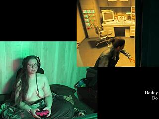 Naked brunette plays game at lake house