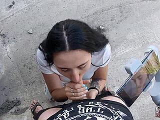 Teen Brunette Asks Friend to Film Her Outdoor Blowjob and Swallow!