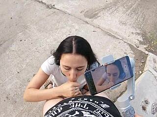 Teen Brunette Asks Friend to Film Her Outdoor Blowjob and Swallow!