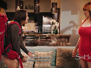 busty caretaker catches guy masturbating on sofa