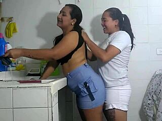 Latinas with big butts scissor in the kitchen till climax.