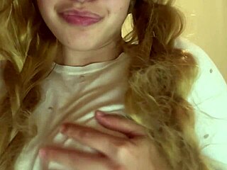 cute blonde girl explores herself alone at home